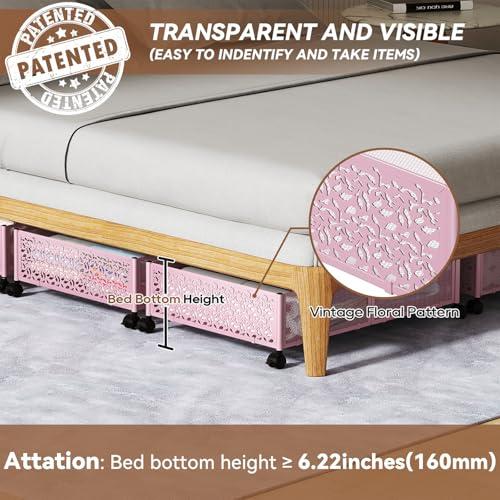 PHINOX Under Bed Storage Container with Wheels,Patterned,Metal,2 Pack,Pink