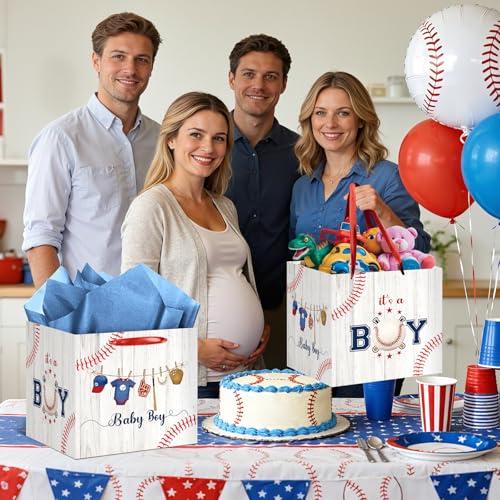 Frakron 12 Extra Large Baseball Baby Shower Gifts Bag with 3 Blue Tissue Paper Vintage Sports Theme Square Birthday Present Wrapping Bag for Boys Newborn Gender Reveal Party Decorations Supplies