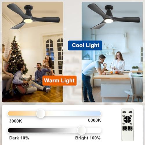 Depuley 42-Inch Ceiling Fans with Lights: Black 3 Blade Flush Mount Low Profile Ceiling Fan for Bedroom - Dimmable Indoor Outdoor Fan with Remote Control Ultra Quiet DC Motor Timer