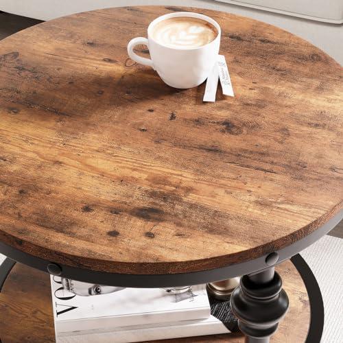 GarveeHome Round End Table with Storage Shelves, 3-Tier Round Farmhouse Side Table w/Mental Support Legs, Rustic End Table Accent Nighstands for Living Room Bedroom (A, Rustic Brown)