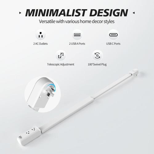 Electrical Outlet Extender Stick,Rotated and Extended Power Strip,with 1 USB-C,2 USB-A,2 AC Outlets,Extends 22-34, Rotated 180°,Perfect for Hard-to-Reach Outlets Behind Couch,Sofa, Bed, Furniture
