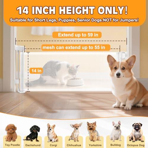 2 Packs Retractable Short Dog Gate - Small Puppy Mesh Safety Pet Gates Doggy Door for Doorways Stairs Kitchen Hallways Indoor, 14 Tall, Extends up to 59 Wide, White