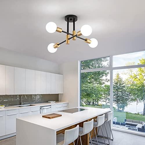 Size H10.83W26.4 Color Black and Gold Modern Sputnik Chandelier Ceiling Light Fixtures,4-Lights Mid Century Industrial Metal Semi Flush Mount Ceiling Lights for Bedroom Kitchen Hallway Entryway Office UL Listed