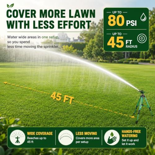 Sprinklers for Yard, 2026 Heavy-Duty Lawn Sprinkler Impact Sprinkler on Spike Tripod Base with 360° Large Area Irrigation with Extension Legs to Adjust Height Irrigation System for Garden Lawn-Green