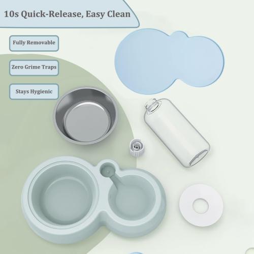 Double Dog Cat Bowls, Pets Food and Water Bowl Set with Automatic Water Dispenser and Stainless Steel Bowl Silicone Dog Bowl Mat, Gravity Feeder for Cats and Small Dogs Puppies (Grey)