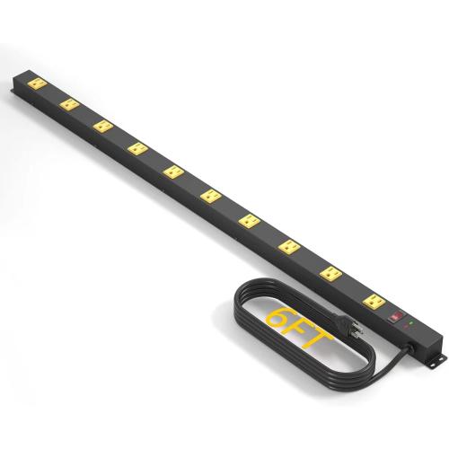 10 Outlet Long Power Strip Surge Protector, Heavy Duty Industrial Metal Power Strip 6 Feet, Wall Mountable, for Work Bench, Shop, Garage, Black (1000 Joules)