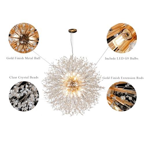 24-Light Farmhouse Crystal Chandeliers, Large Gold Beaded Lamp, Modern Firework Pendant Lighting, Sputnik Dandelion Hanging Lights for Living Room Bedroom Dining Room (Gold, D39.3inch)