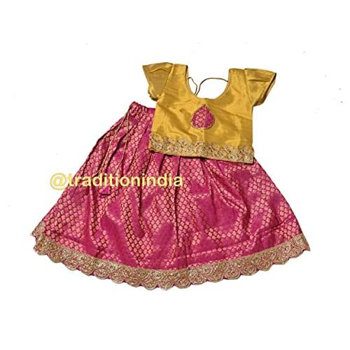Tissue Silk & Chanderi Fabric Short Sleeve Party Wear Lehenga Choli for Girls & Kids (Color-Yellow & Hot Pink)