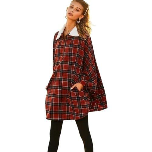 Size S-M Color Red and Black Plaid Main strip Mock Neck With Zipper Front Pocket Plaid Poncho