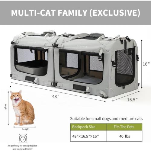 Size Extra Large Color Grey Cat Carrier Soft Sided, Portable Small Dog Carrier for 2 Cats, 24x16.5x16 Car Travel Folding Comfortable Design with Litter Box and Bowls, Grey-2  Litter Box  Bowl*2