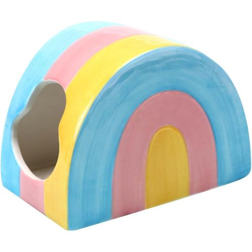 Ceramic Hamster Hideaway Colorful Rainbow House with Double Doors Mini Hut Sleeping Nest Hideout Cave Cage Accessories Small Animal Habitat Decor for Dwarf Hamsters Hedgehog (5.23 × 3.26 × 3.26 Inch)