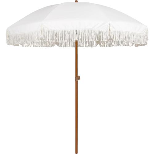 AMMSUN 7ft Patio Umbrella with Fringe Outdoor Tassel Umbrella UPF50  Premium Steel Pole and Ribs Push Button Tilt, Cream White