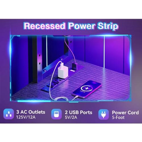 AODK L Shaped Desk Gaming Desk with LED Light & Power Outlet, 53 Inch Reversible L Shaped Computer Table with Shelf & Storage Bag & Hook for Home Office, Black