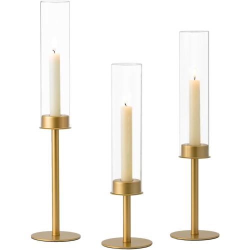 Hewory Gold Candle Holders, 3Pcs Brass Candle Stick Candelabra with Glass Candle Cover for Wedding Table Centerpiece Christmas Decor