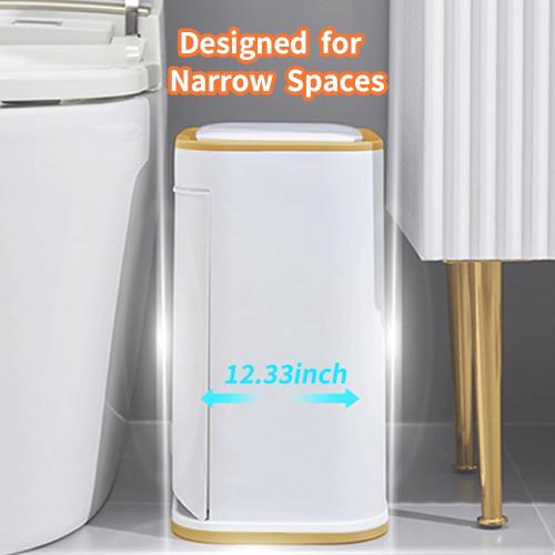 Size 3 gallon Color White and Gold Bathroom Trash Can with Lid, Plastic 3 Gallon Garbage can with Press top Lid Gold Step Pedal Trash can, Narrow White Trash bin for Bathroom, Bedroom, Restroom, Living Room, Office, Dog Proof Trash Can