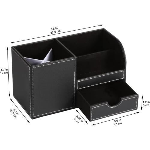 KINGFOM Desk Organizer Office Supplies Caddy Pu Leather Multi-function Storage Box Pen/Pencil,Cell phone, Business Name Cards Remote Control Holder with Small Drawer Black