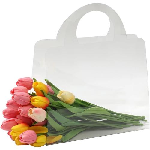 Clear Flower Bags with Handles for Bouquets Florist Shop Packaging Supplies 10 Pcs Valentine's Day 13.7 * 9.8 * 4.7 inches (B)