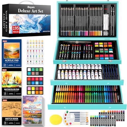 iBayam 195-Pack Deluxe Art Kit – Painting & Drawing Set for Adults | 195-pc all-in-one art set with acrylics, canvases, crayons & pads in a wooden case. Non-toxic & perfect for adult artists
