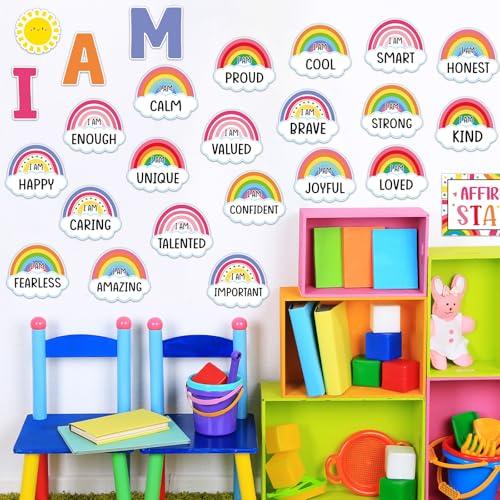 Frienda Rainbow Affirmation Station Bulletin Board Set Motivational Posters Classroom Mirror Growth Mindset Decor Positive Affirmations Accents Cutouts for School Office Home Teacher Wall Supply