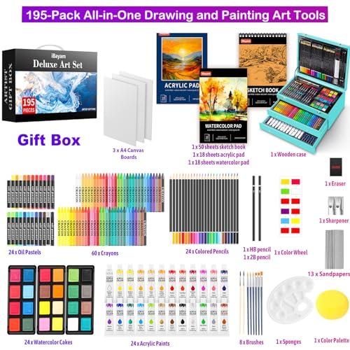iBayam 195-Pack Deluxe Art Kit – Painting & Drawing Set for Adults | 195-pc all-in-one art set with acrylics, canvases, crayons & pads in a wooden case. Non-toxic & perfect for adult artists