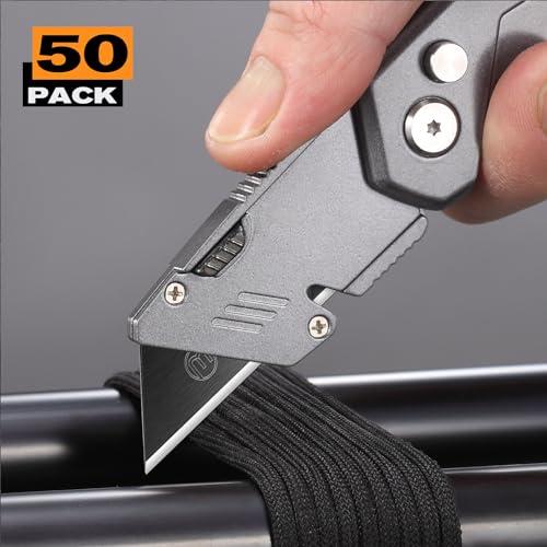 M MEEPO Utility Knife Blades, Never Rust, Blackened SK-5 Steel, 50-Pack | High strength blackened Blades, 5X sharper and durable，Storaged in hard plastic case, Standard size