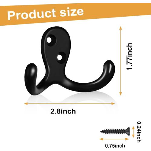 CBWLWJ 10 Pack Coat Hooks Wall Hooks for Hanging, Heavy Duty Double Prong Metal Hook Wall Mounted for Living Room, Bathroom, Kitchen, Bedroom for Coat, Bag, Scarf, Towel, Hat, Key, Cup (Black)
