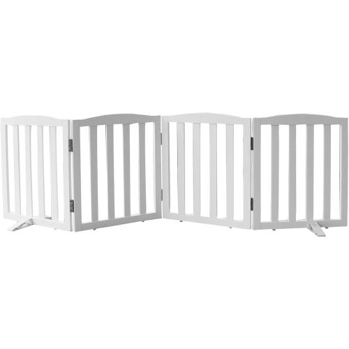 Freestanding Dog Gate Indoor,Doggie Gate Foldable Dog Gates for Doorways,Stairs or Hallways, Wooden White Pet Gate for the House, Pet Fence with Support Feet Included,24 Height-4 Panels