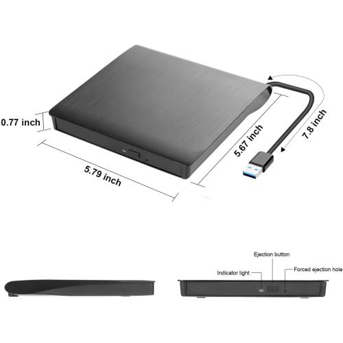 intendvision External CD DVD Drive USB 3.0 Portable Fits for DVD-R DVD-RW DVD R DVD RW DVD-ROM Super Speed Data Transfer Black for PC Laptop Computer Windows 11/10/8/7