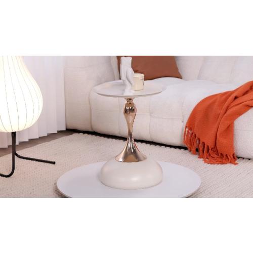 Modern Round Side Table with Gold Pedestal Base, Black Metal Top, Accent End Table for Living Room (White)