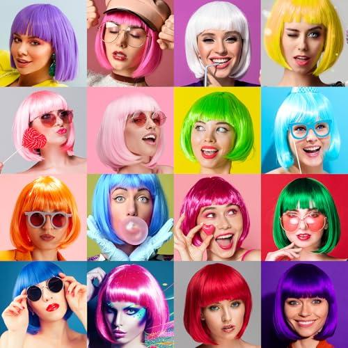 PLULON Hot Pink-Color Bob Wig with Heart Sunglasses Neon Colored Party Wig