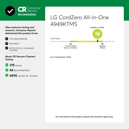 LG CordZero A949 - Cordless Stick Vacuum Cleaner with Auto-Empty Base, 200 Minute Runtime w/Extra Rechargeable Battery, Power Mop, Dual Floor Max, Lightweight, Cleaning for Carpet, Hardwood, Pet Hair