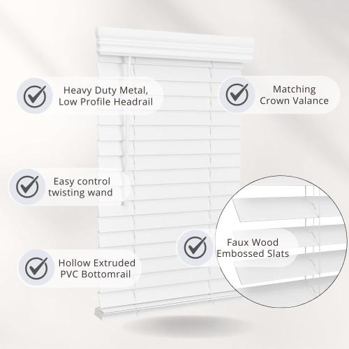 Lotus & Windoware Cordless, 2 Inch Faux Wood Blind, 34.5 Wide x 60 Long, Window Blinds, Blinds & Shades, Blinds for Indoor Windows, Embossed, Bright White
