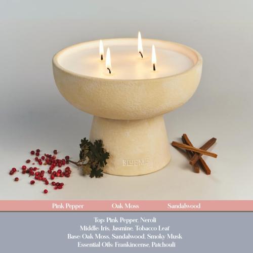 Blueme Romance Candle | Oakmoss & Sandalwood | 4 Wick - Refillable Wellness Candle with Essential Oils, Hand Finished & Poured Soy Wax Blend Ceramic Vessel, Natural Cotton Wicks | Large 24 oz