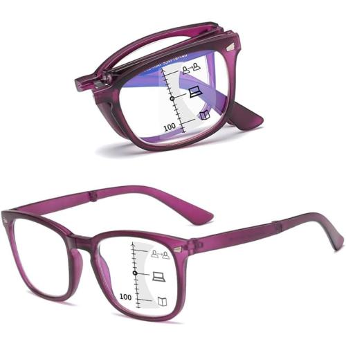 THIKK Foldable Progressive Multifocus Reading Glasses, Blue Light Blocking TR90 Frame Presbyopia Eyewear (Color : Purple, Size :  200)