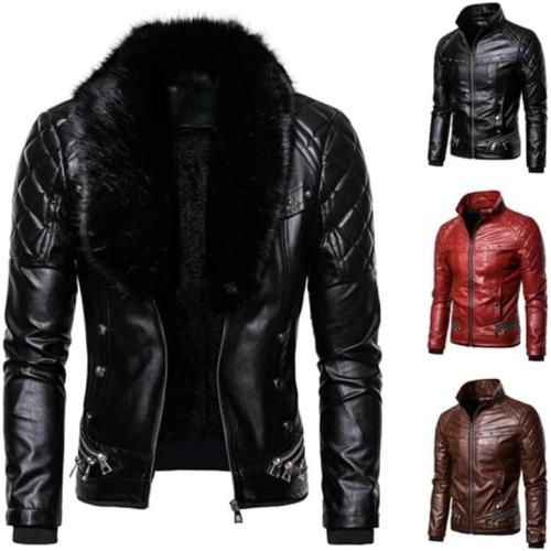 Fitshop Motorcycle Bomber  faux Leather Jacket Men Autumn Turn Down Fur Collar Cafe Racer Black Leather Jacket medium