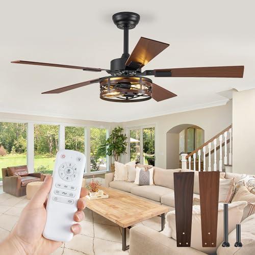 BLACK Farmhouse Ceiling Fans with Light, 48 Inch Bedroom Ceiling Fan with Lights, 6-Speed Adjustable, Quiet and Reversible DC Motor, Dual Finish 5 Blades, Rustic Caged Ceiling Fan for Living Room