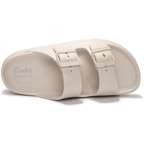 FUNKYMONKEY Women's 6 Cream Comfort Slides Double Buckle Adjustable Plastics Flat Sandals