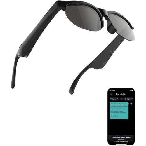 AI Translator Smart Glasses with Bluetooth Audio, Photochromic Lenses, Voice Assistant, Open-Ear Sunglasses for Men and Women, Real-Time Translation, 110  Languages Supported (Black)