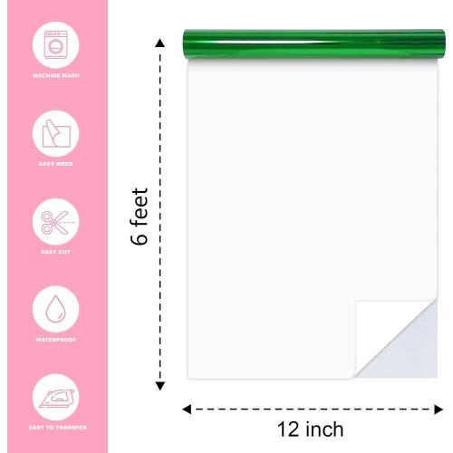 Green Heat Transfer Vinyl Roll, 12 x6Ft Mirror Metallic Iron on Vinyl, Soft Metallic Foil HTV for T-Shirt, Chrome HTV Easy to Cut & Weed for Heat Vinyl Design