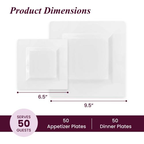 Aya's 100ct Square Plastic Disposable Plates, White - 9.5-Inch 50 Dinner and 6.5-Inch 50 Salad Plates for Party - Heavy-Duty Hard Plastic Design for Wedding, Event, Christmas, and Thanksgiving