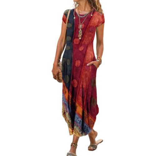 Women Large Summer Casual Maxi Dress Floral Printed Loose Pockets Short Sleeve Split Boho Dresses