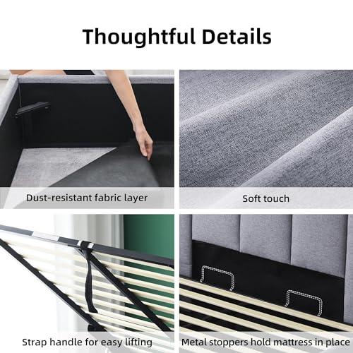 Lift Up Storage Bed Queen Size, Linen Upholstered Platform Bed Frames with Storage Underneath, Soft Modern Bed Frame Strong Hydraulic Lift, No Box Spring Needed, Grey