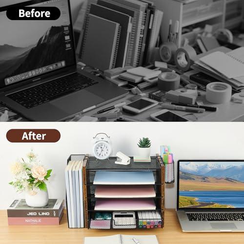 Wood Desk Organizers and Accessories with File Organizer, 5-Tier Paper Organizer with Drawer & Pen Holder, Office Desk Accessories, Workspace Desktop Storage for Office Supplies Organization（Brown）