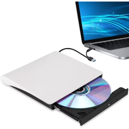 External CD/DVD Drive for Laptop, Type-C CD/DVD Player USB 3.0 Portable Burner Writer Reader Compatible with Mac MacBook Pro/Air iMac Desktop Windows 7/8/10/XP/Vista(White)