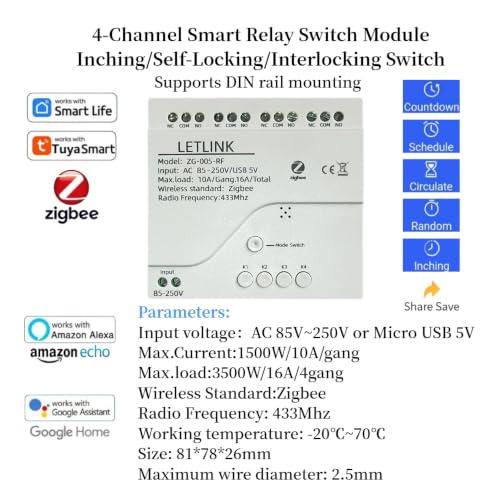 4 Channel Zigbee Smart Relay Switch,Smart Life/Tuya APP Remote Control,With Inching/Self-Lock/Interlock modle,Works with Tuya Zigbee Gateway (4CH Micro-Usb 5V/AC 110V)