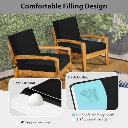 Waterproof Outdoor Chair Cushions 24x24, Memory Foam Outdoor Cushions for Patio Furniture with Removable Cover, Deep Seat Cushions for Outdoor Furniture with Ties and Handle, Black