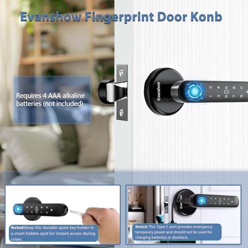Fingerprint Door Lock Biometric Door Knob with Keypad Keyless Entry, 5-in-1 Door Locks for Bedrooms(Fingerprint/App/Code/Key/IC Card), Home Hotel Office Apartment Black