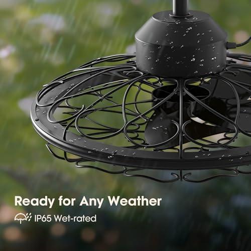 20 Outdoor Ceiling Fan, IP65 Waterproof Gazebo Fan with Light, Remote Control，6 Speeds，3CCT, Plug in Caged Ceiling Fan with Hanging Hook for Patio, Porch, Canopy