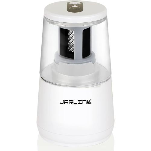 JARLINK Electric Pencil Sharpener, Heavy-Duty Helical Blade to Fast Sharpen, Auto Stop for No.2/Colored Pencils(6-8mm), AC Adapter/Battery Operated in School Classroom/Office/Home (White)