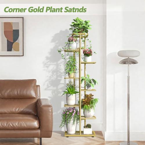 8 Tier 9 Potted Gold Plant Stand Indoor with Gardening Tools and Gloves, Tall Metal Corner Plant Shelf Organizer Outdoor, Multiple Flower Pot Holder Display Rack for Patio, Garden, Balcony